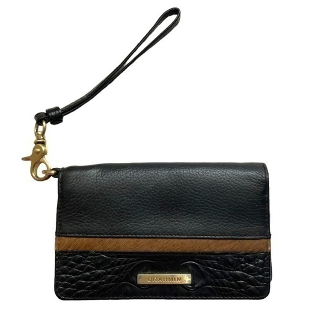 Brahmin tri texture black brown leather debi wristlet wallet rare